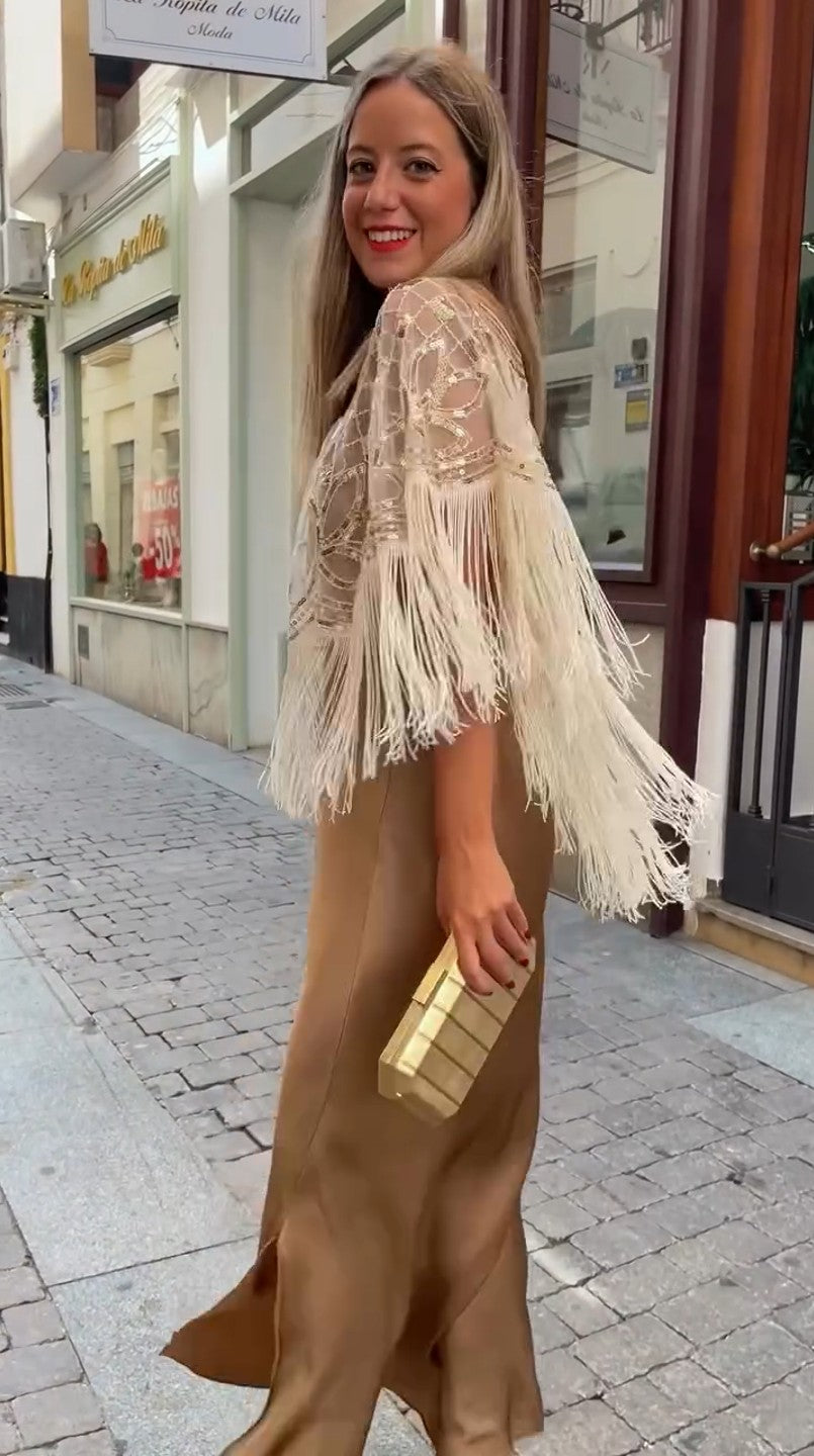 Party Ready Sequin Fringe Cape Satin Dress
