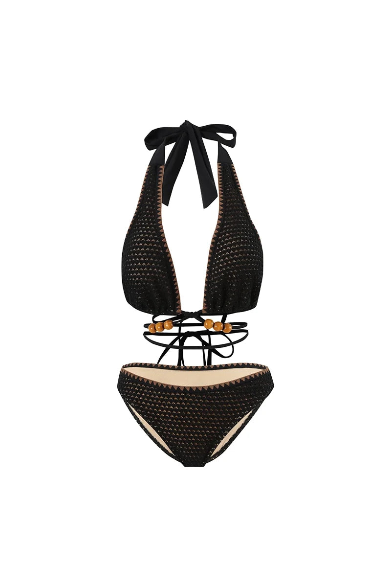 Beaded Knit Tie-String Black Bikini Set