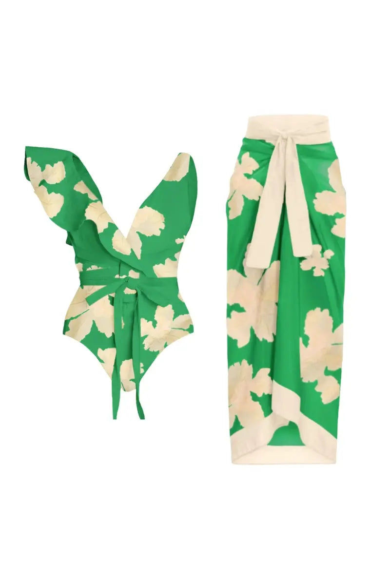 Belted Printed Swimsuits with Wrap Skirt Set