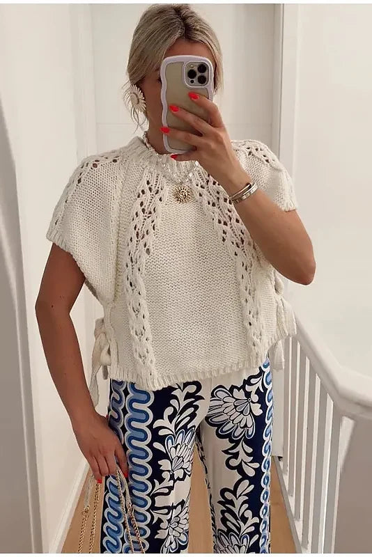 סוודר נשים חלול סרוג שרוכים