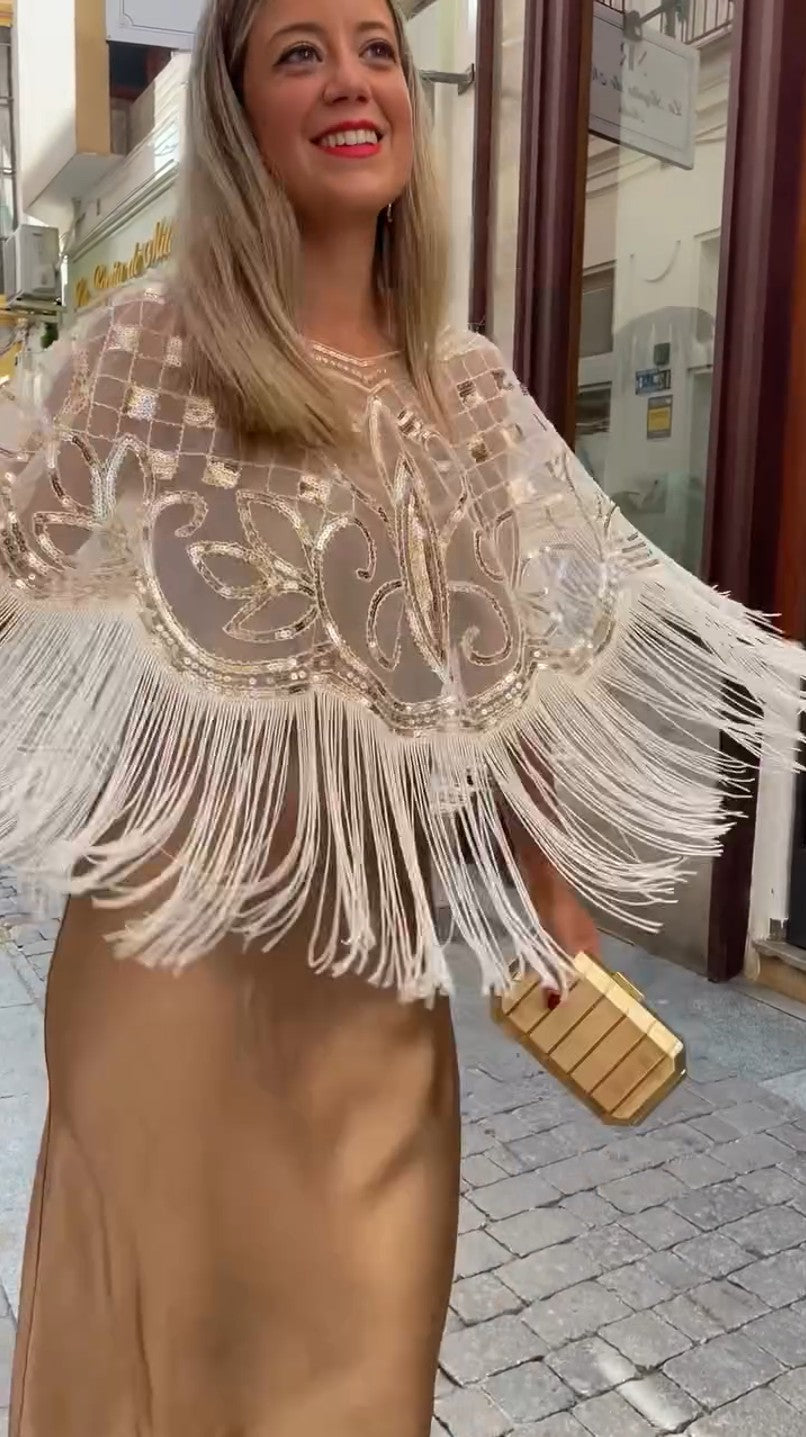 Party Ready Sequin Fringe Cape Satin Dress