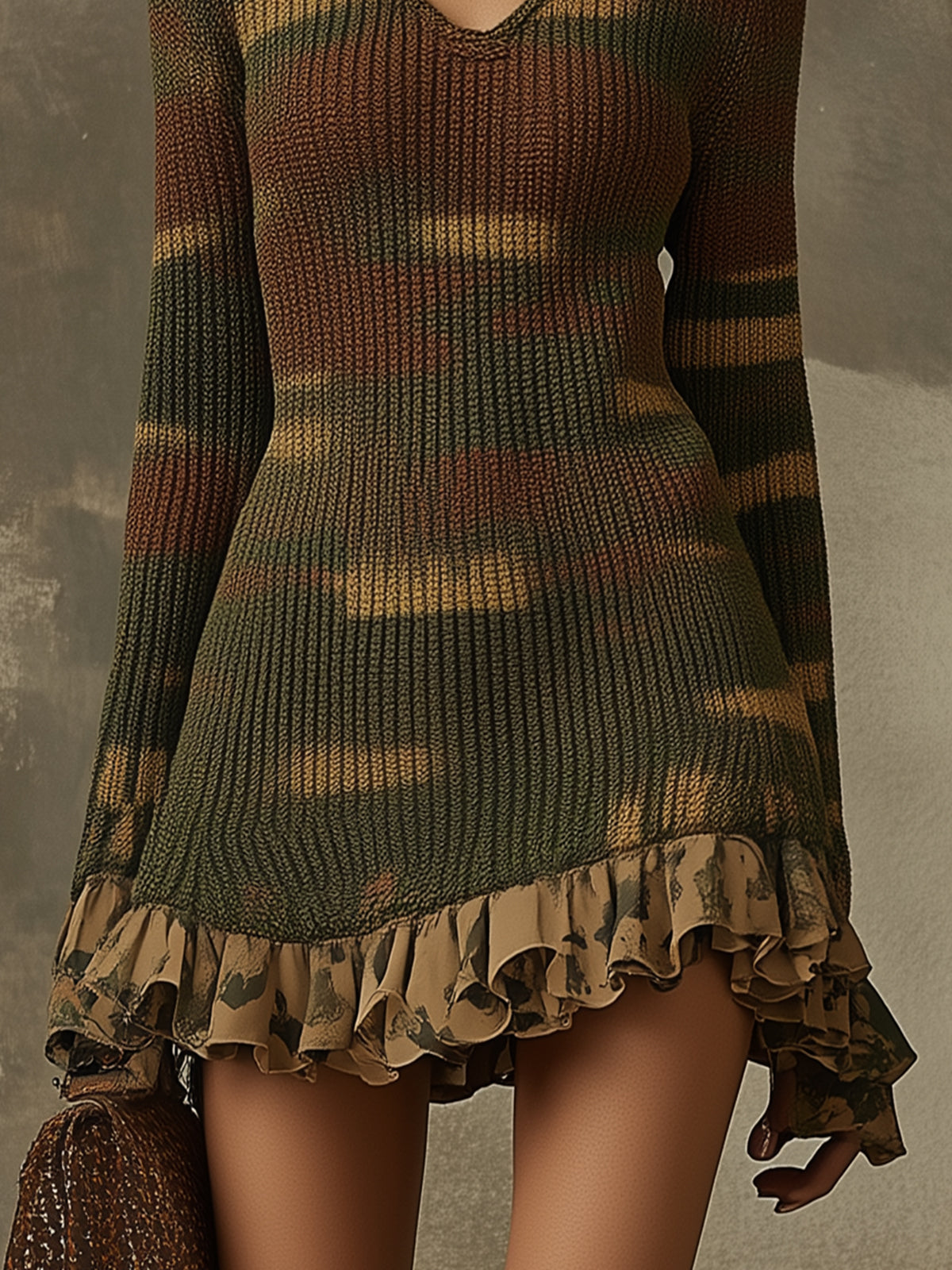 Vestido Mini de Malha Camuflado em Tons Verdes