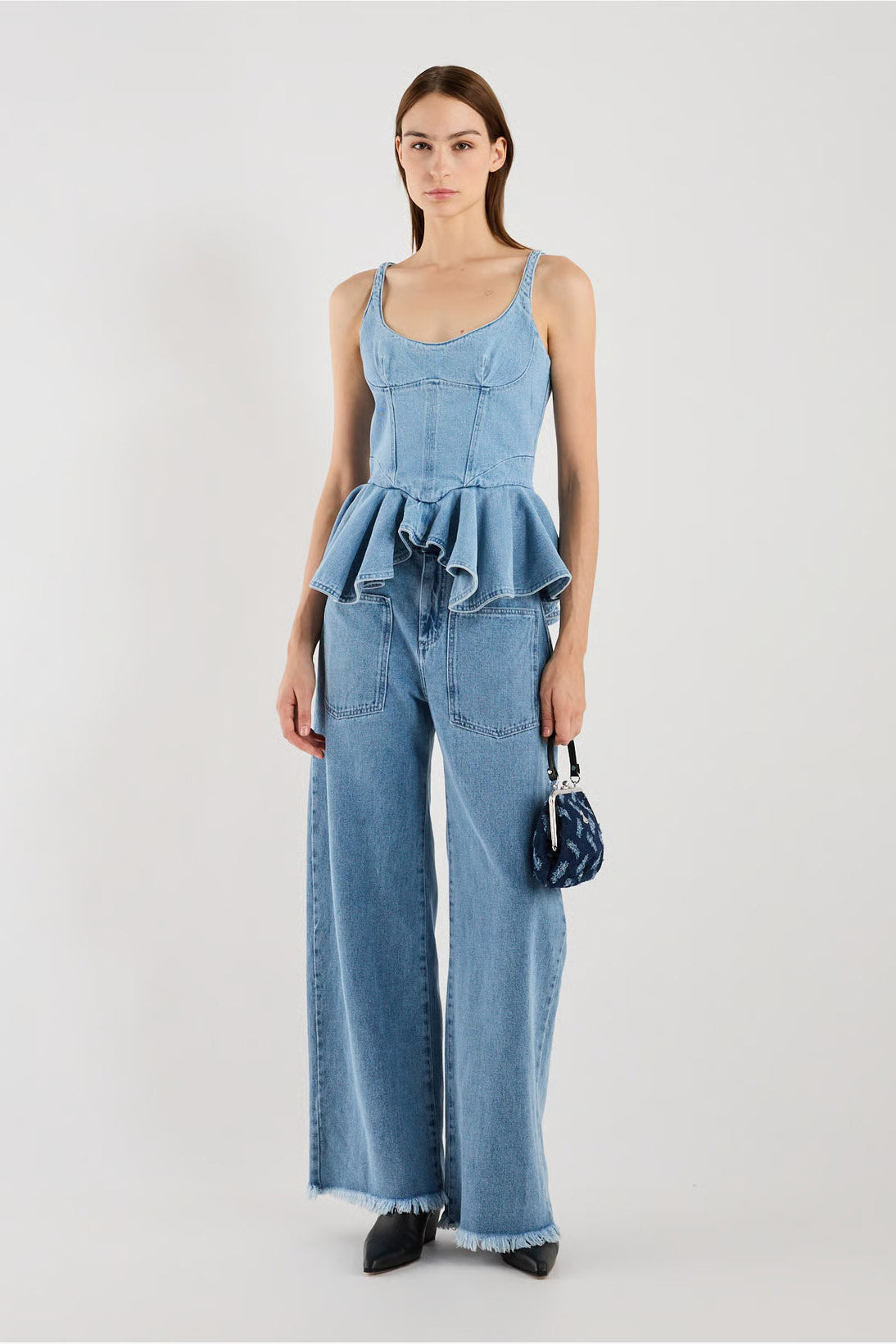 Top en denim style corset avec basque
