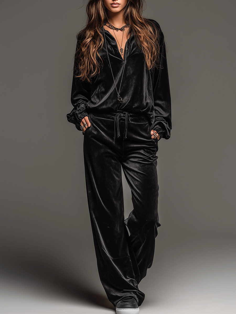 Klassisches, legeres schwarzes Samt-Hemd und Hose mit weitem Bein Set