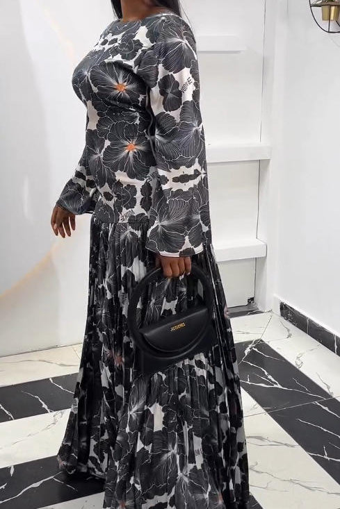 Luxe Deep-V Back Printed Pleated Maxi Dress