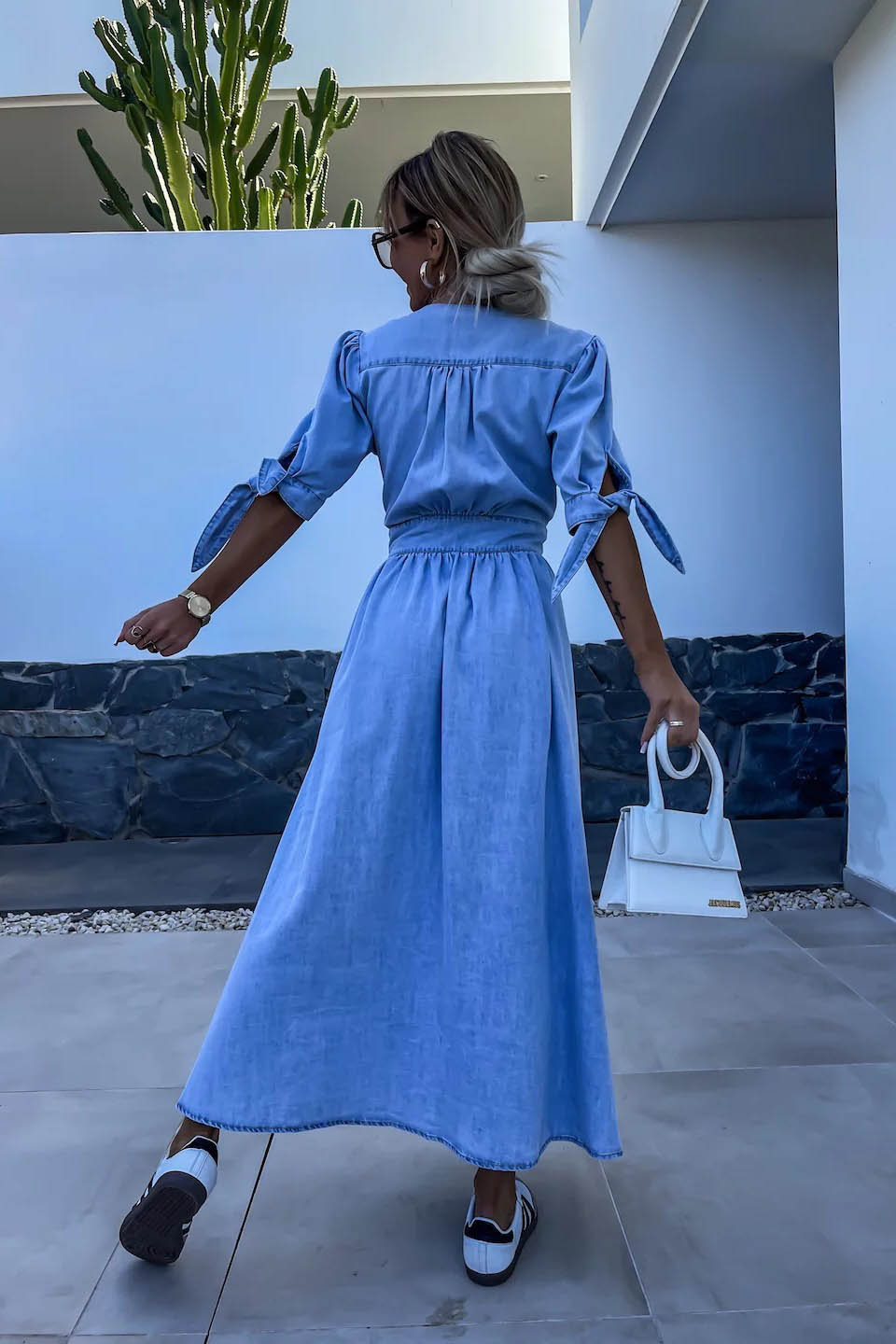 Minimalist V-Neck Buttoned Denim Gown