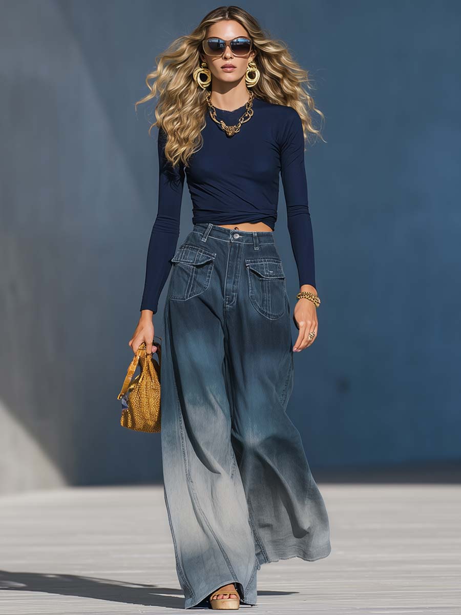 Casual mode gradient gewassen denim blauwe grijze losse broek