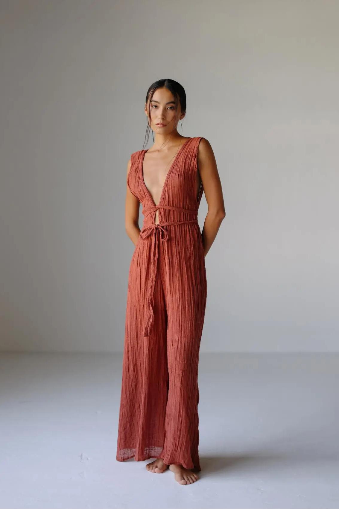 Plunge Neckline Wide Leg Jumpsuit