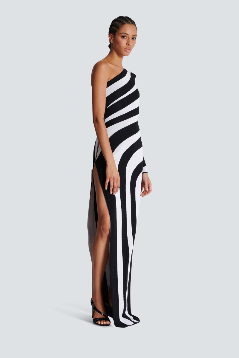 Alizea One Shoulder Slit Asymmetrical Striped Maxi Dress Alizea One Shoulder Slit Asymmetrical Striped Maxi Dress