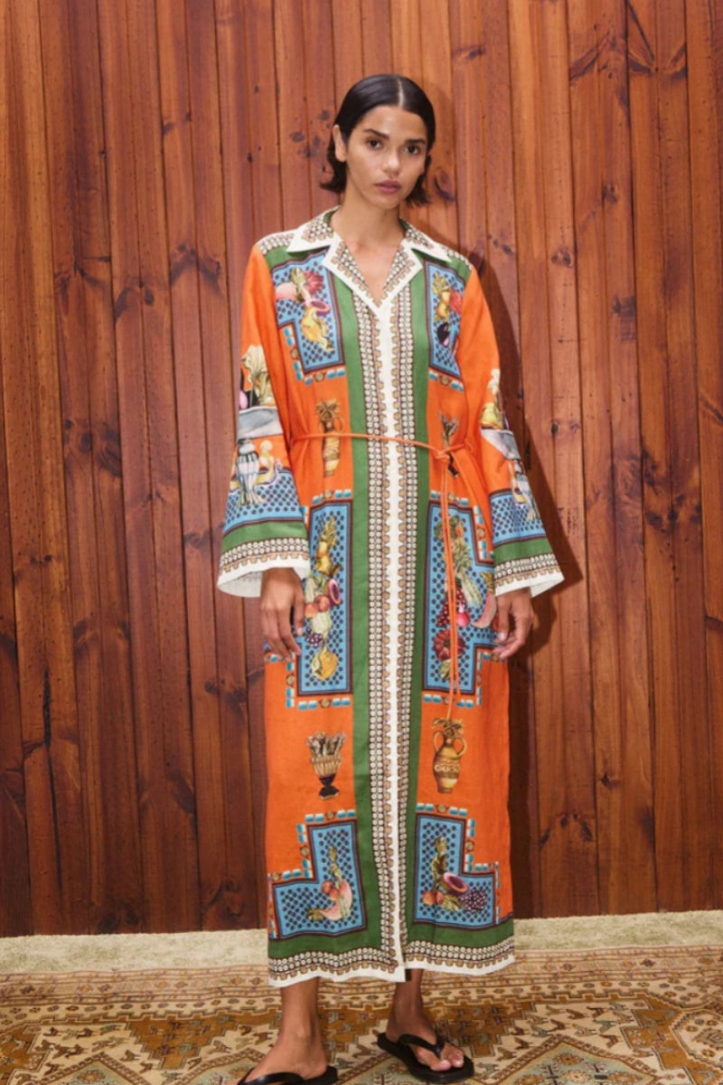 Long-Sleeve Linen Waist Dress