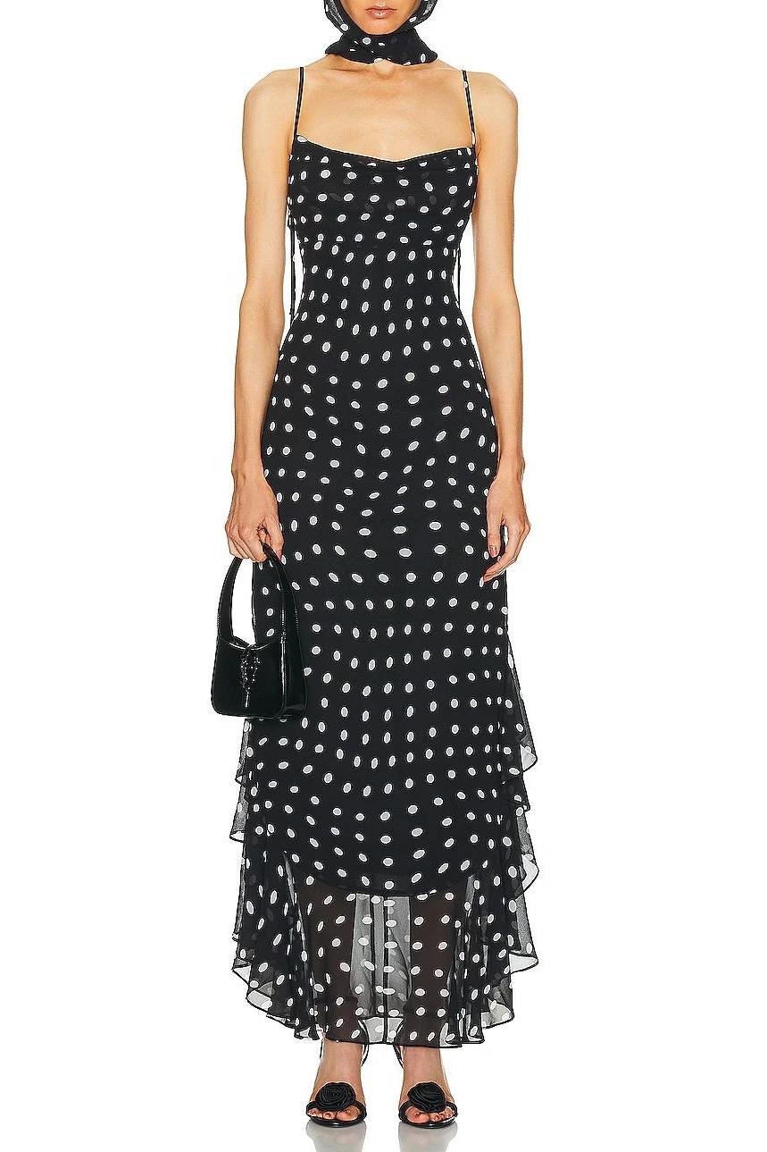 Black And Cream Polka Dot Ruffle Maxi Dress Black And Cream Polka Dot Ruffle Maxi Dress