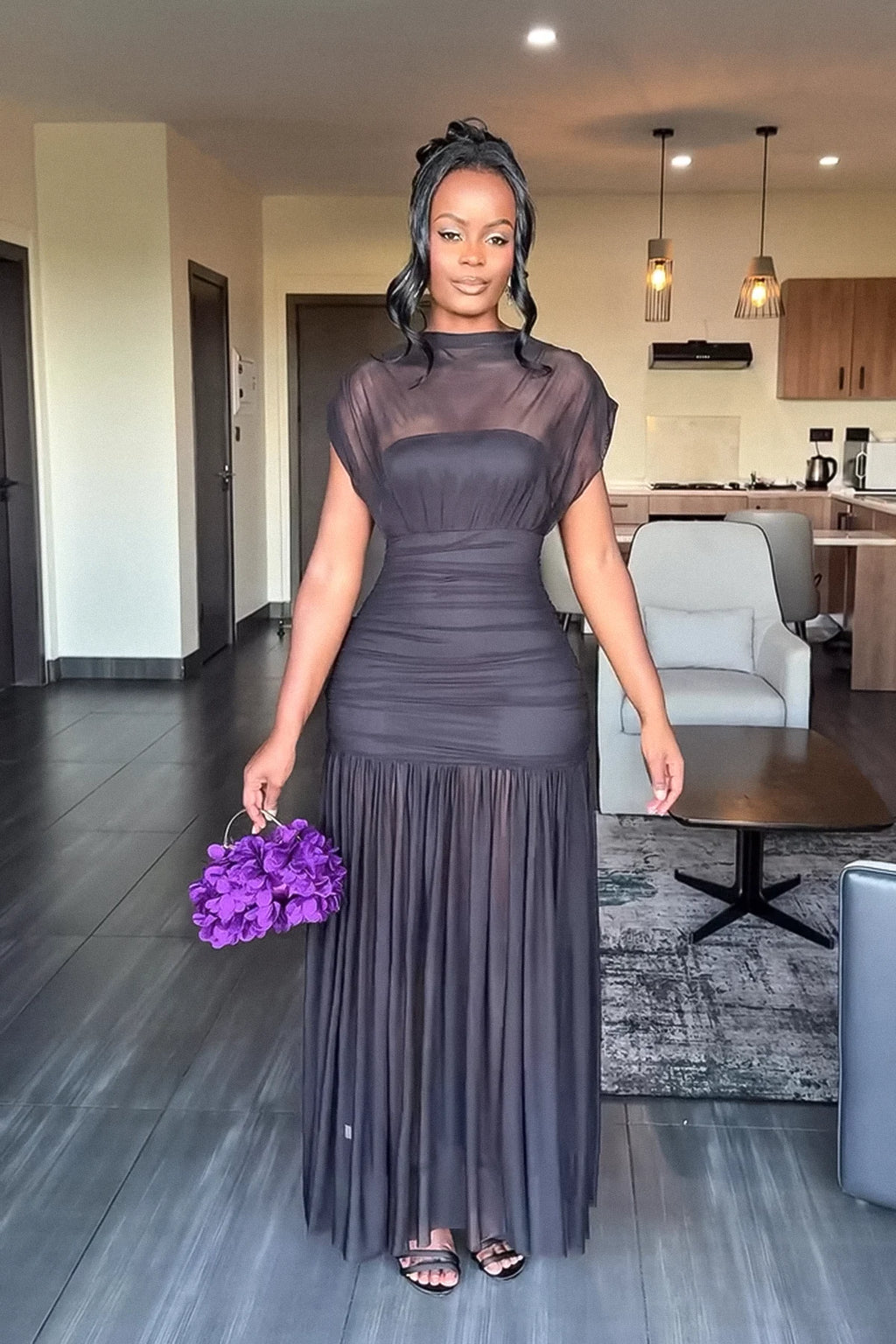 Sheer Overlay Evening Maxi Dress