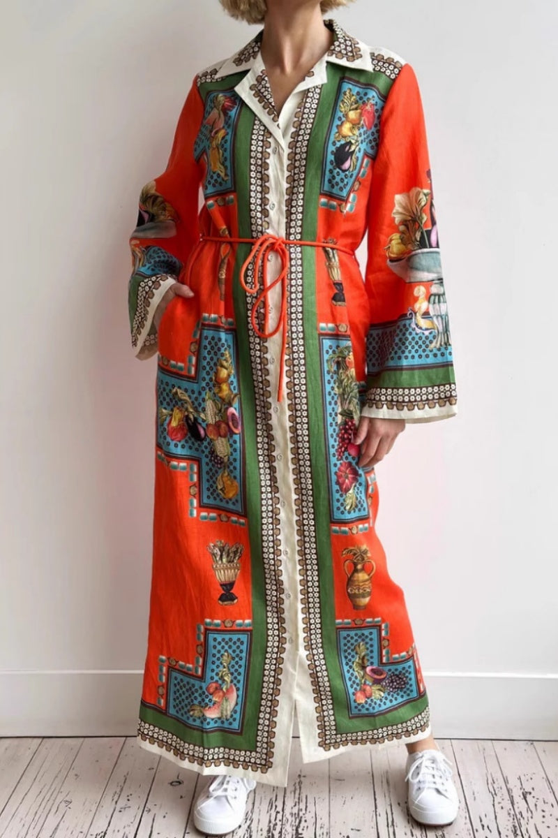 Long-Sleeve Linen Waist Dress