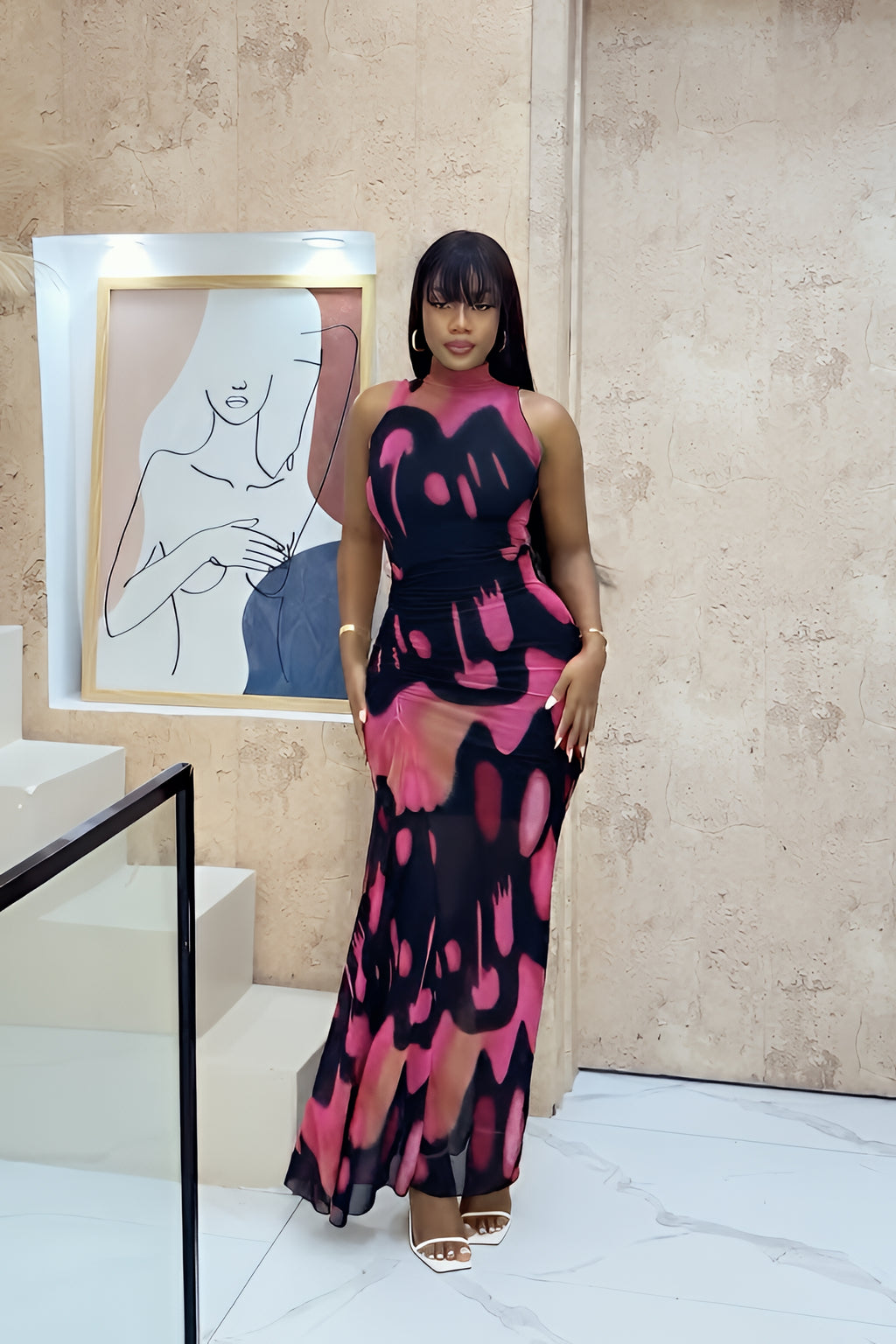 abstract mesh maxi dress Blue Abstract Print Sheer Mesh Plunge Maxi Beach Dress