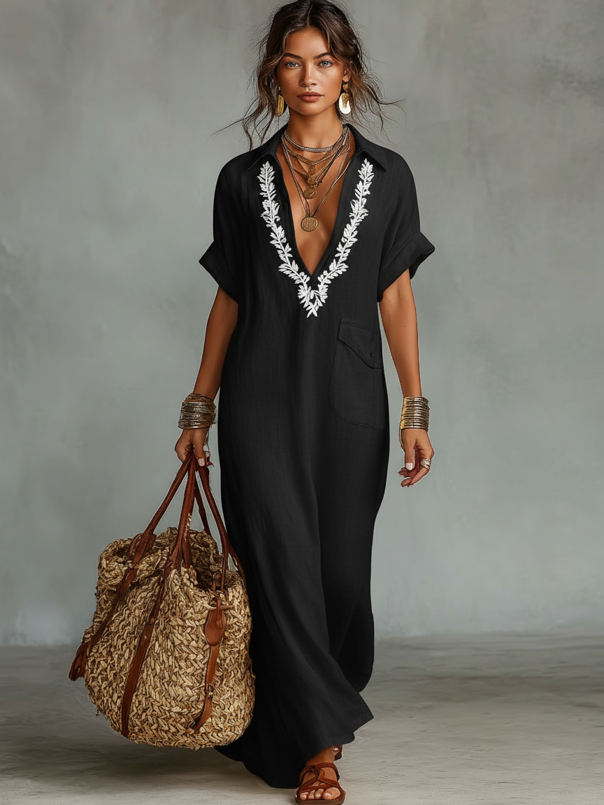 Minimalistisches Maxikleid aus Leinenmischung mit besticktem Kurzarmhemd