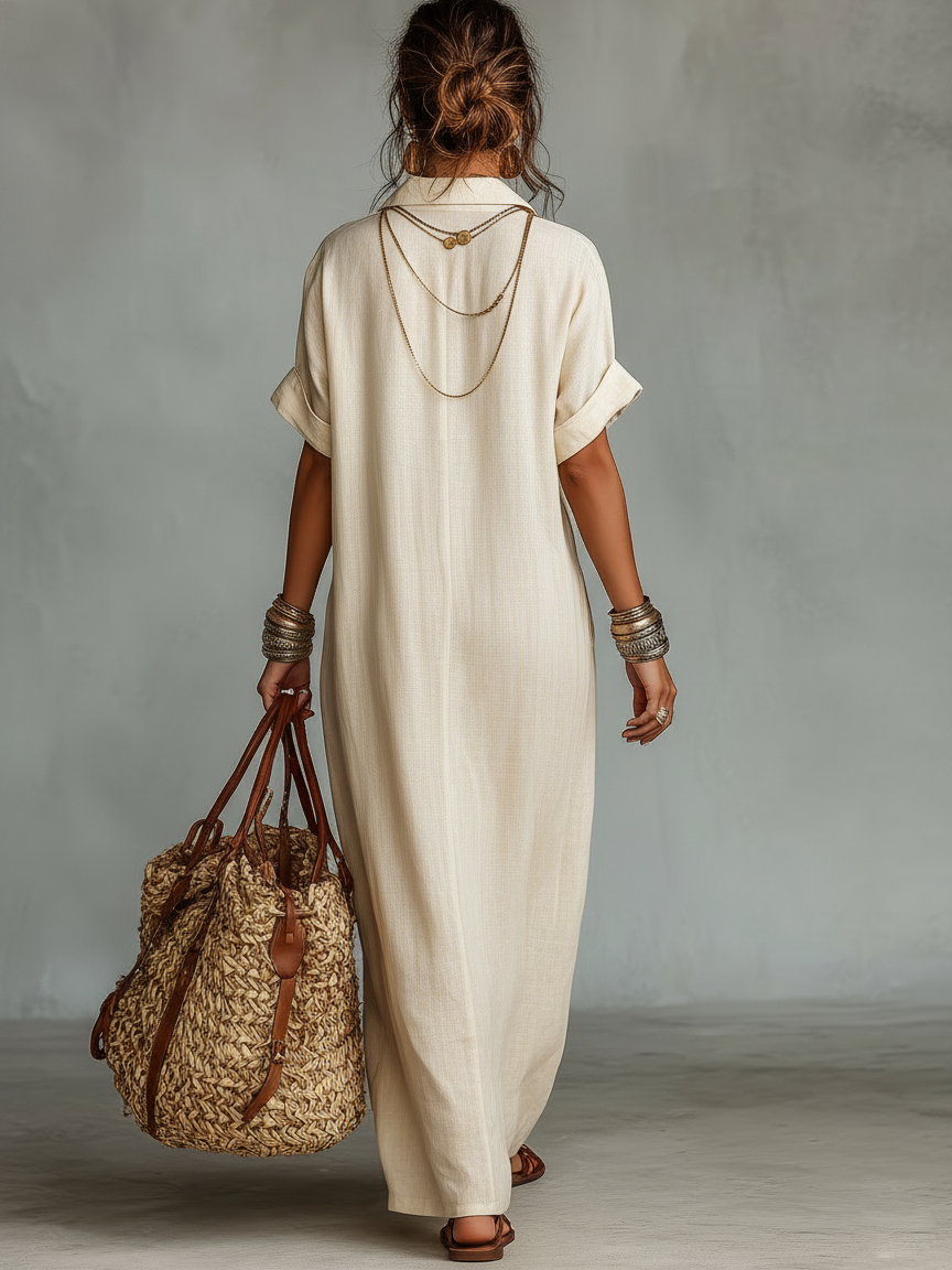 Minimalistisches Maxikleid aus Leinenmischung mit besticktem Kurzarmhemd