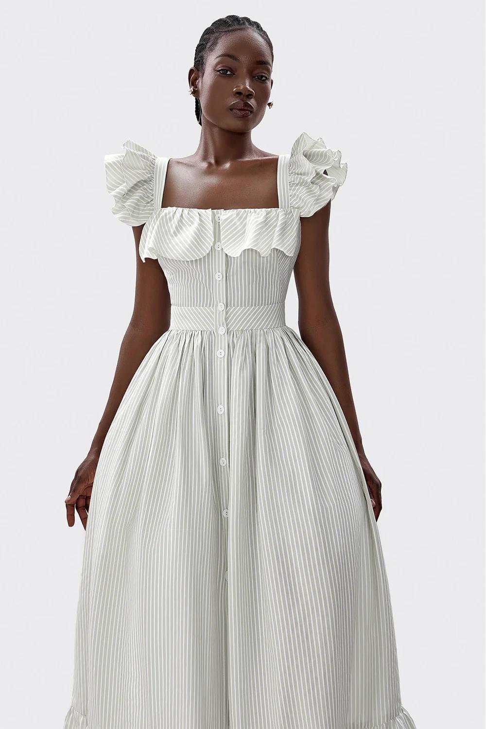 Striped Ruffled Square Neck Midi Dress