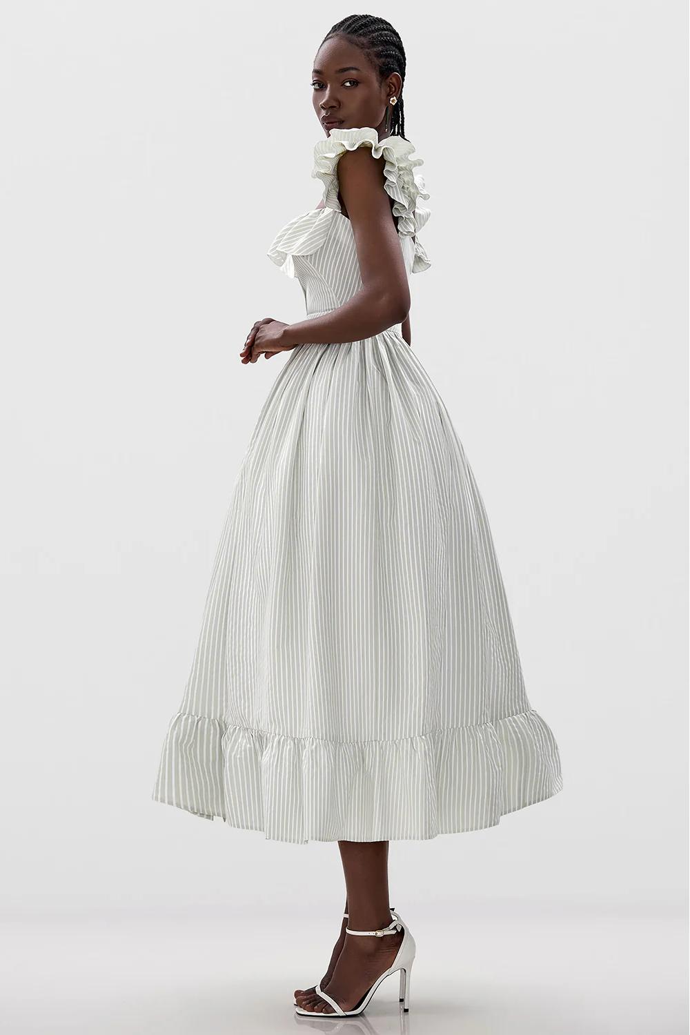 Striped Ruffled Square Neck Midi Dress