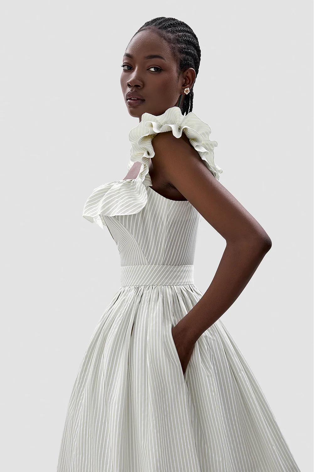 Striped Ruffled Square Neck Midi Dress
