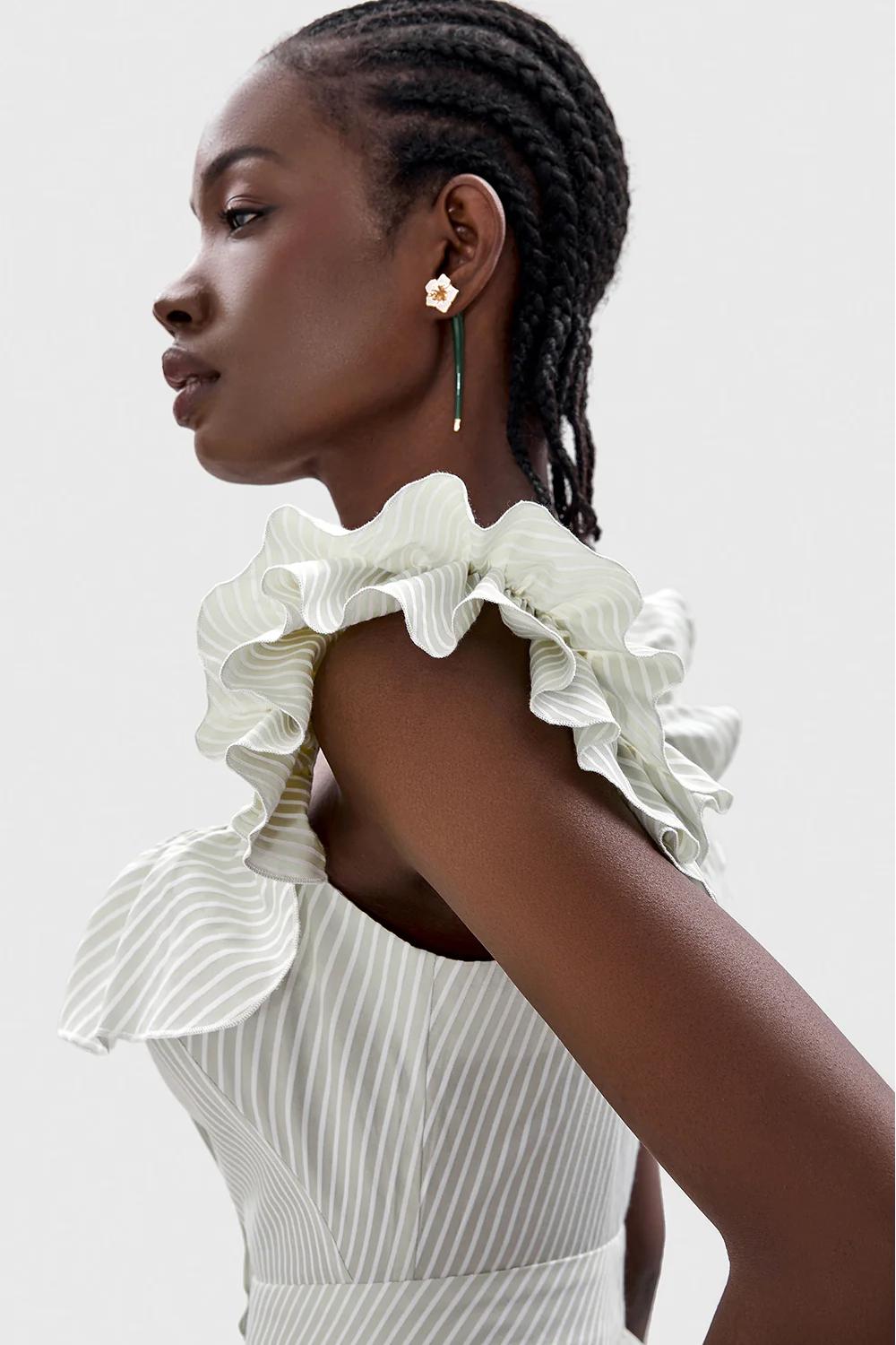 Striped Ruffled Square Neck Midi Dress