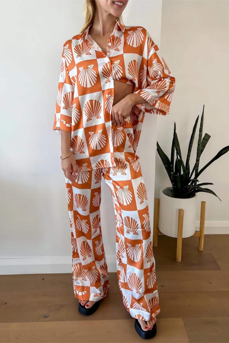 Special Satin Shell Print Wide Leg Hosen-Set