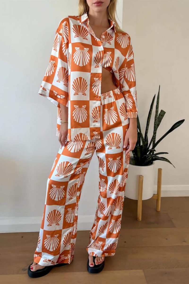 Special Satin Shell Print Wide Leg Hosen-Set