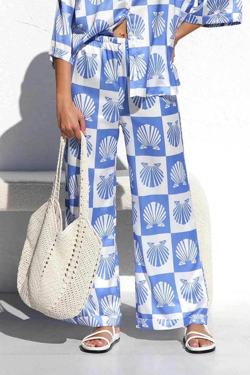 Special Satin Shell Print Wide Leg Hosen-Set