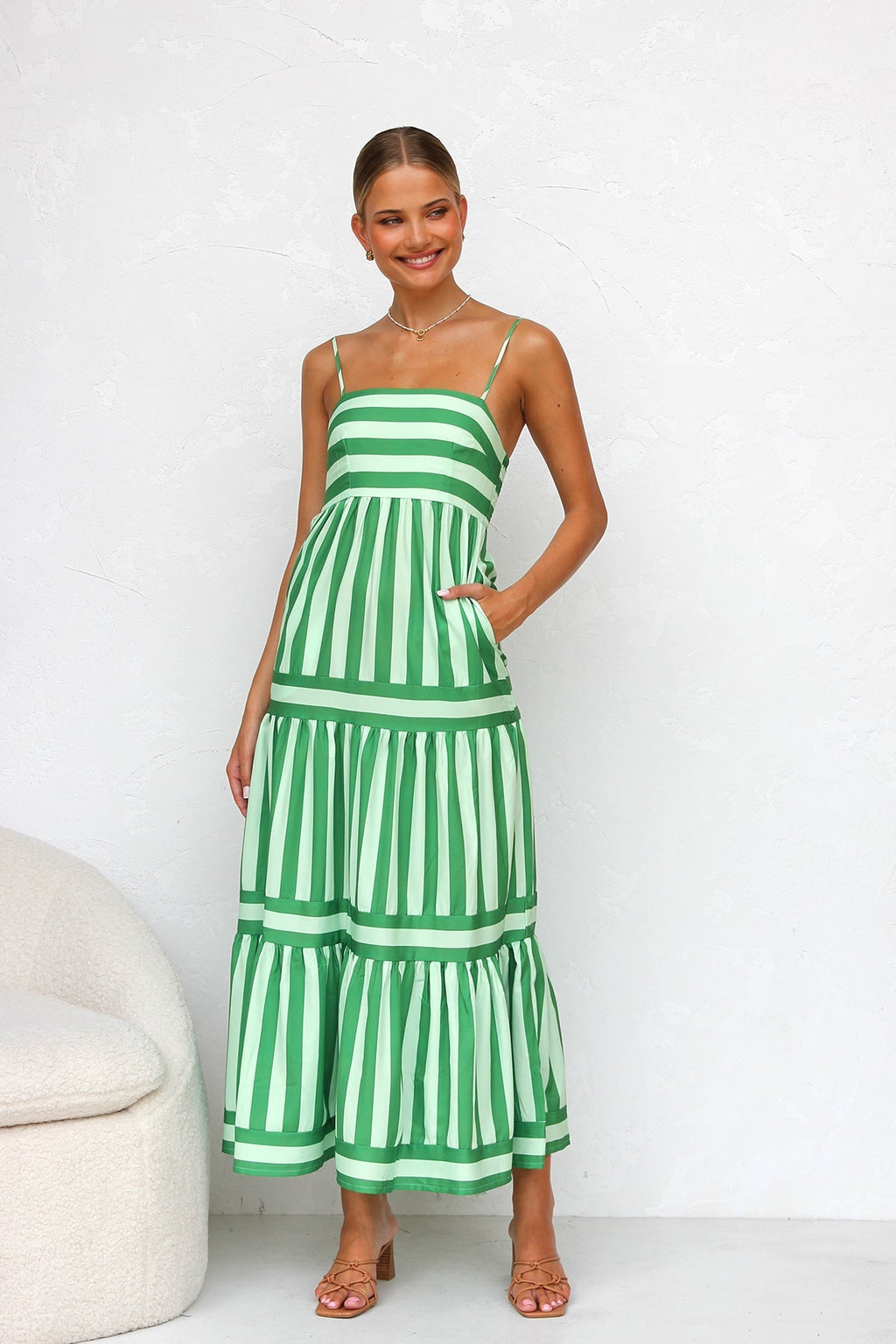 slim fit dress slacks 100% Cotton Green Stripe Midi Dress - All Dresses main image 0