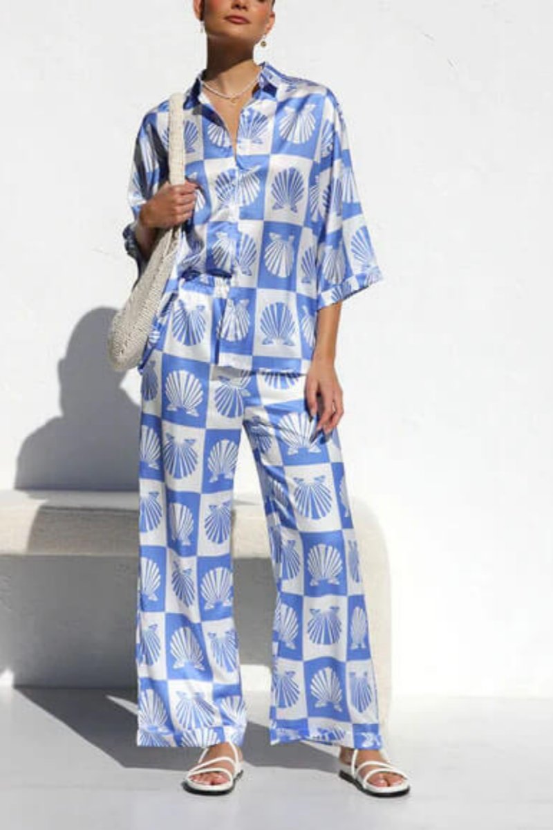Special Satin Shell Print Wide Leg Hosen-Set