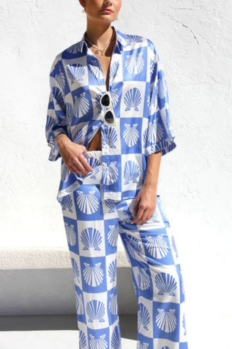 Special Satin Shell Print Wide Leg Hosen-Set