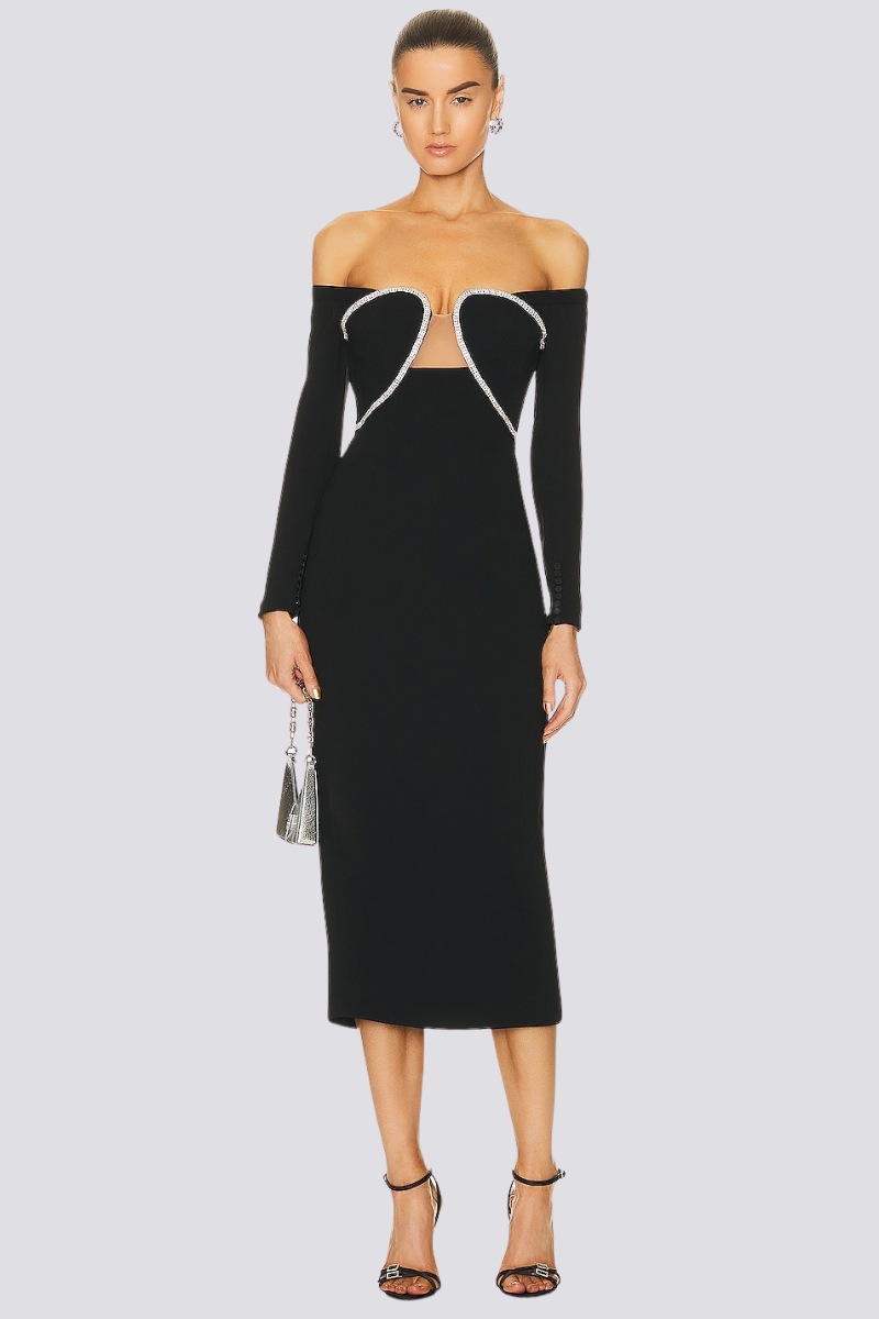 rhinestone midi dress Izara Off Shoulder Rhinestone Midi Dress