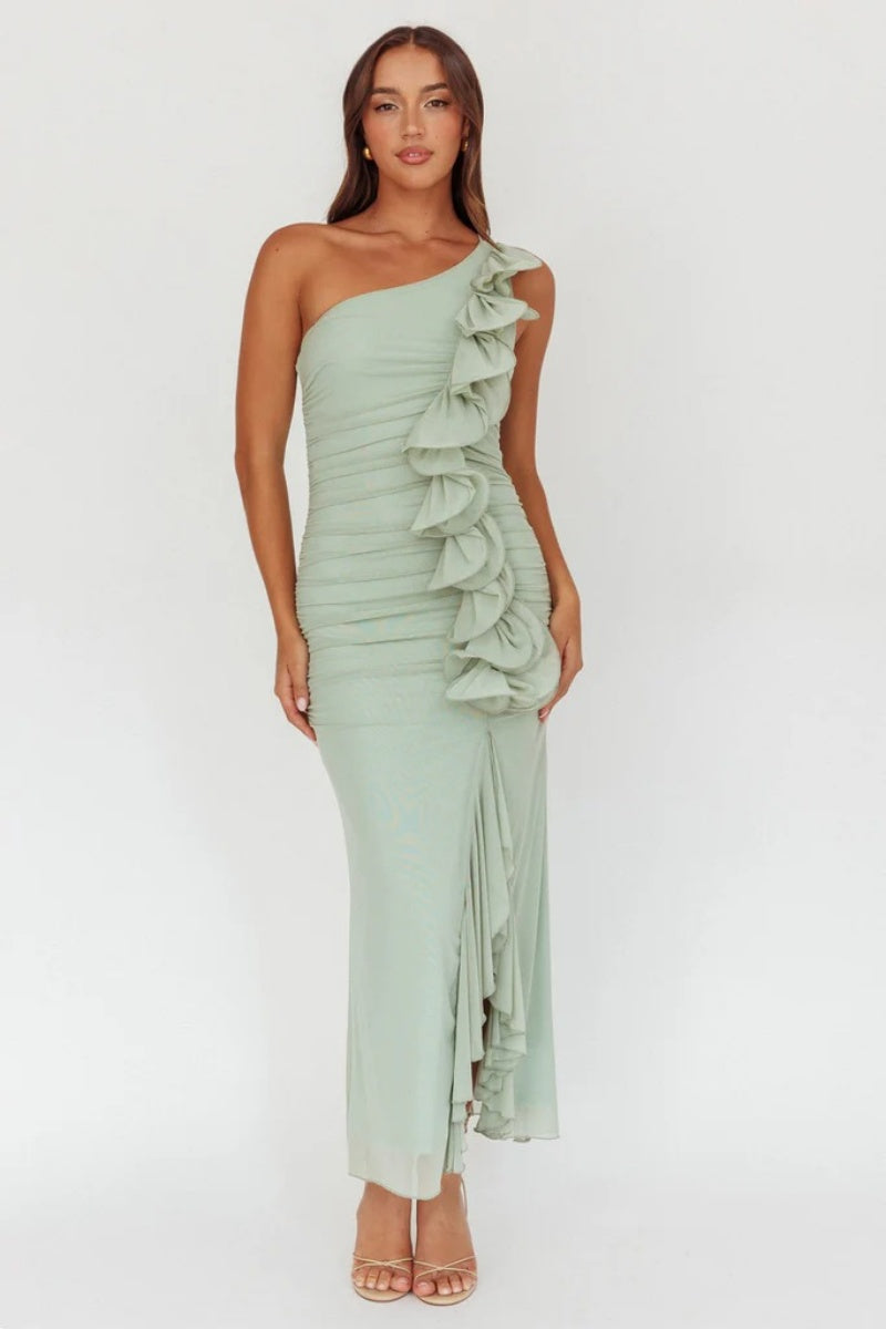 Haven One-Shoulder Ruffle Accent Maxi Dress Sage Haven One-Shoulder Ruffle Accent Maxi Dress Sage