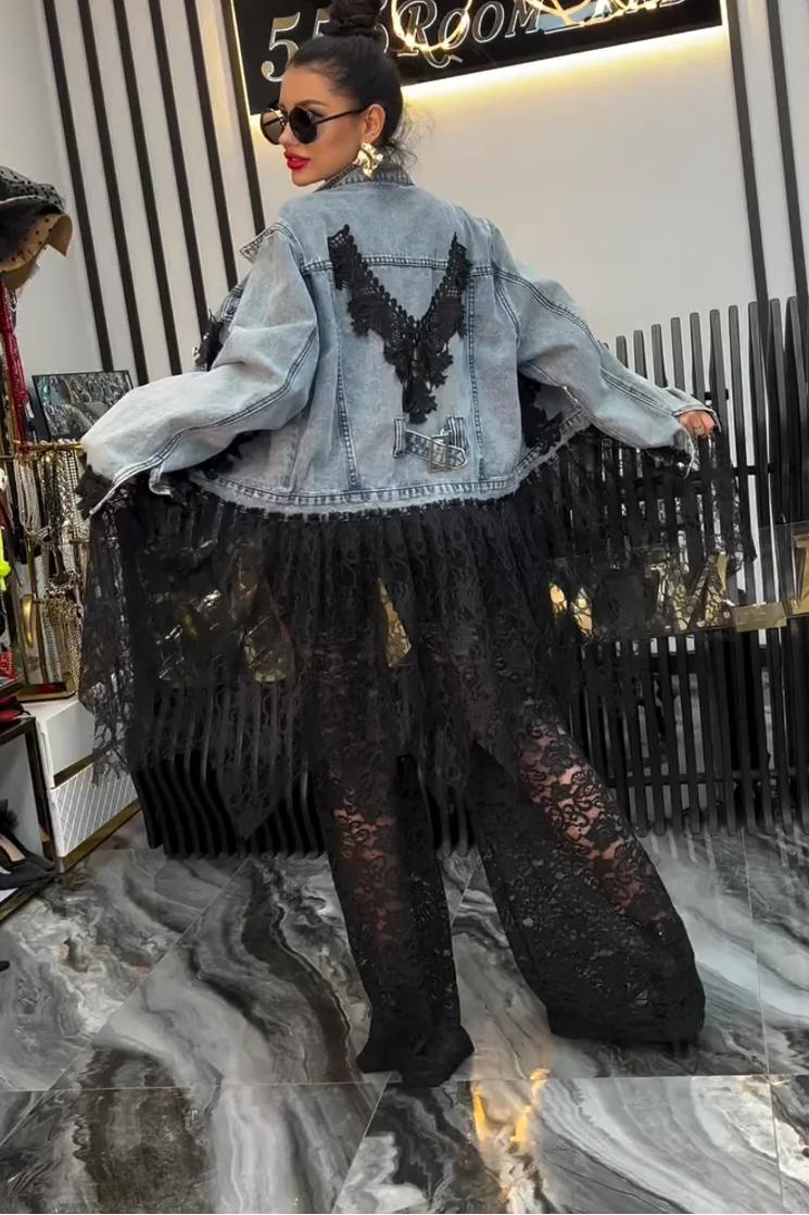 Lace Trimmed Distressed Denim Jacket