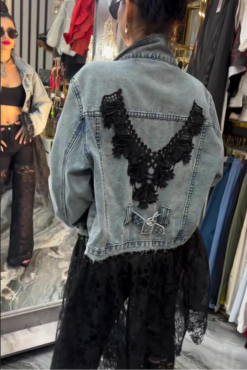 Lace Trimmed Distressed Denim Jacket