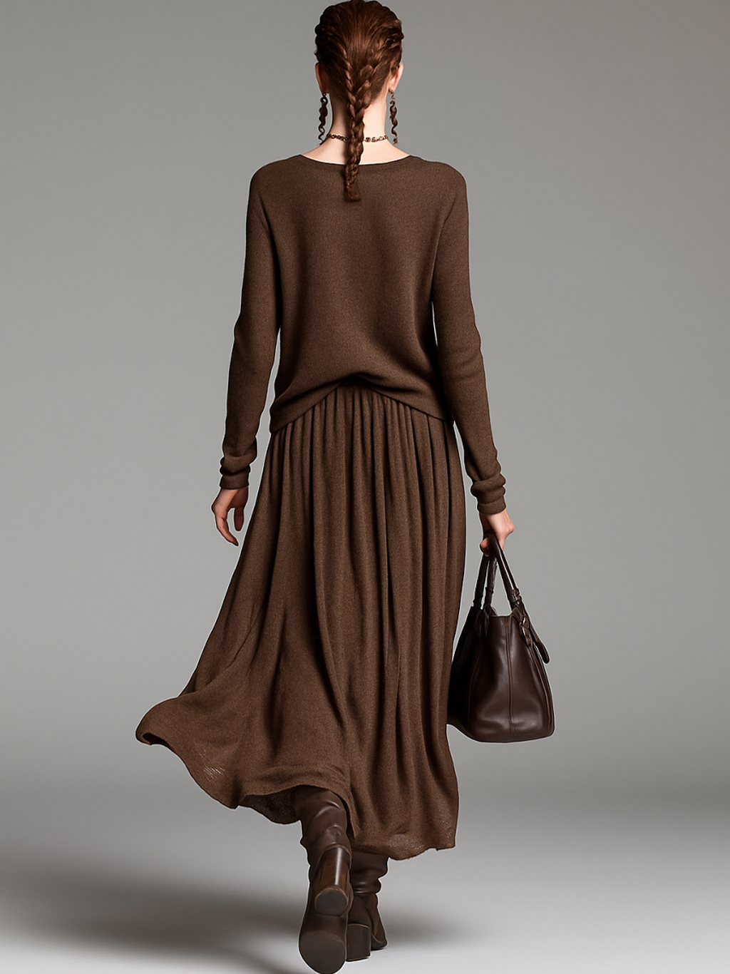 Ensemble jupe et pull tricoté à col rond pour femme