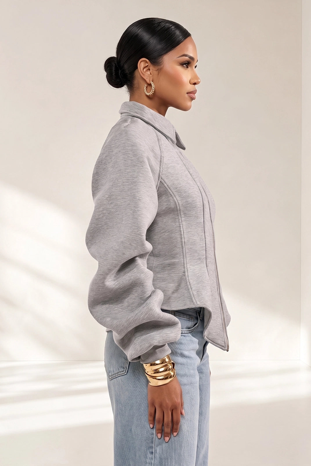 Grey Corset Waist Zip Up Jacket