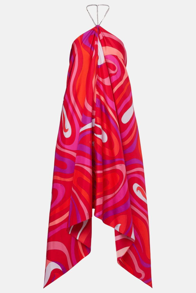Abstract Wave Print Halter Midi Dress