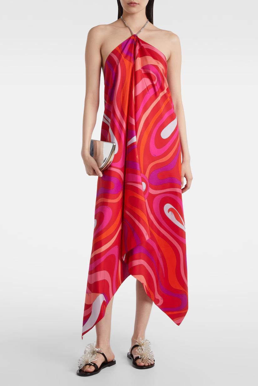 Abstract Wave Print Halter Midi Dress