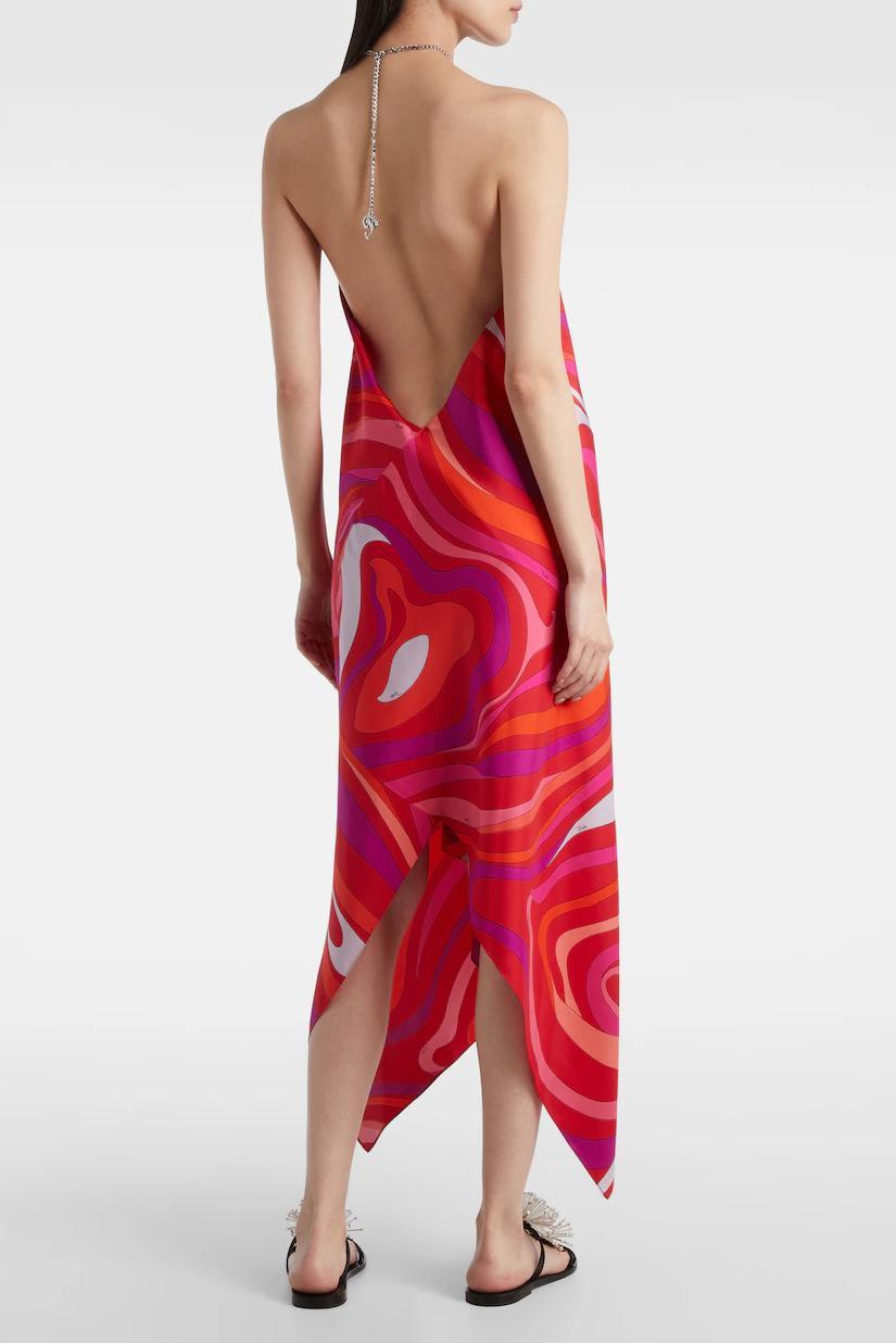 Abstract Wave Print Halter Midi Dress