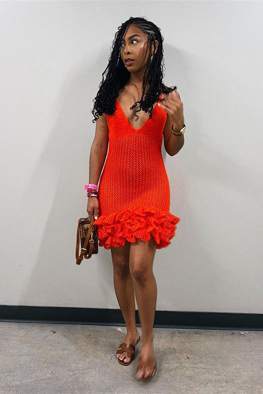 Sara V-hals flæsekant strikket minikjole