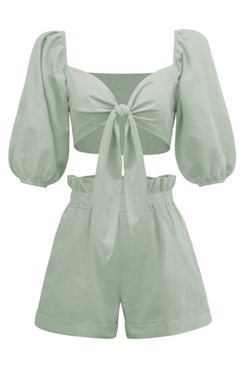 린넨 랩 프론트 타이 퍼프 슬리브 반바지 세트