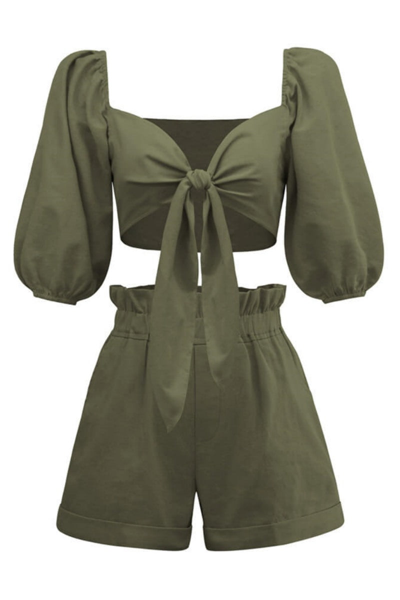 린넨 랩 프론트 타이 퍼프 슬리브 반바지 세트