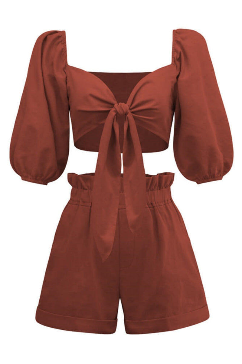 린넨 랩 프론트 타이 퍼프 슬리브 반바지 세트