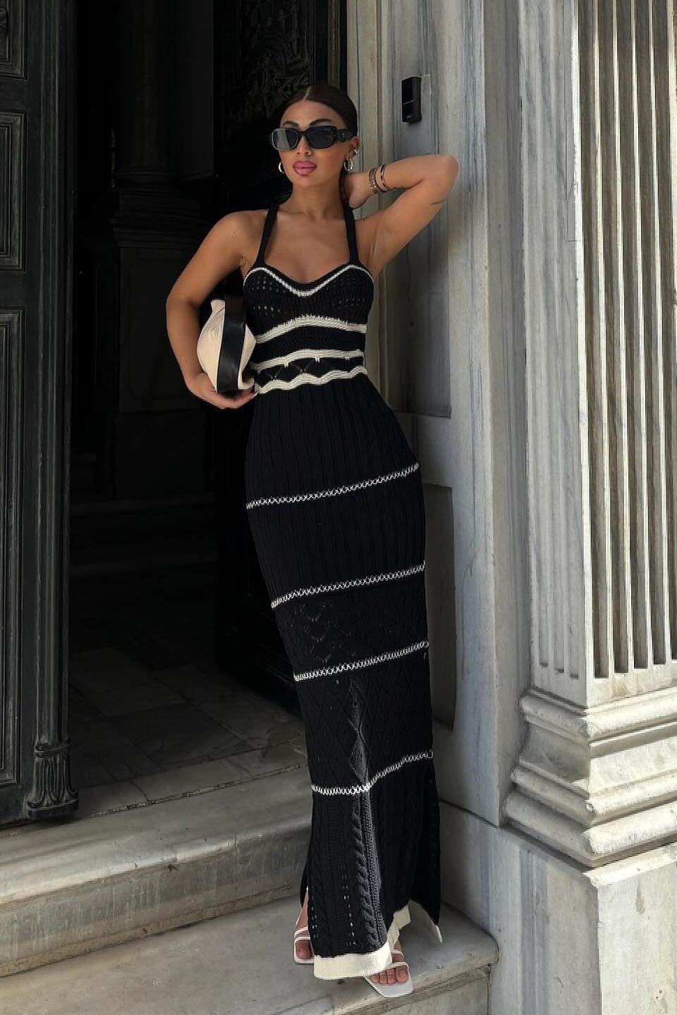 Abito lungo con spacchi traforati in maglia Esther