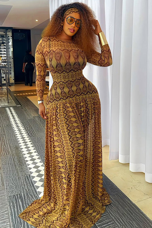 Vintage Feather Print Sheer Maxi Dress