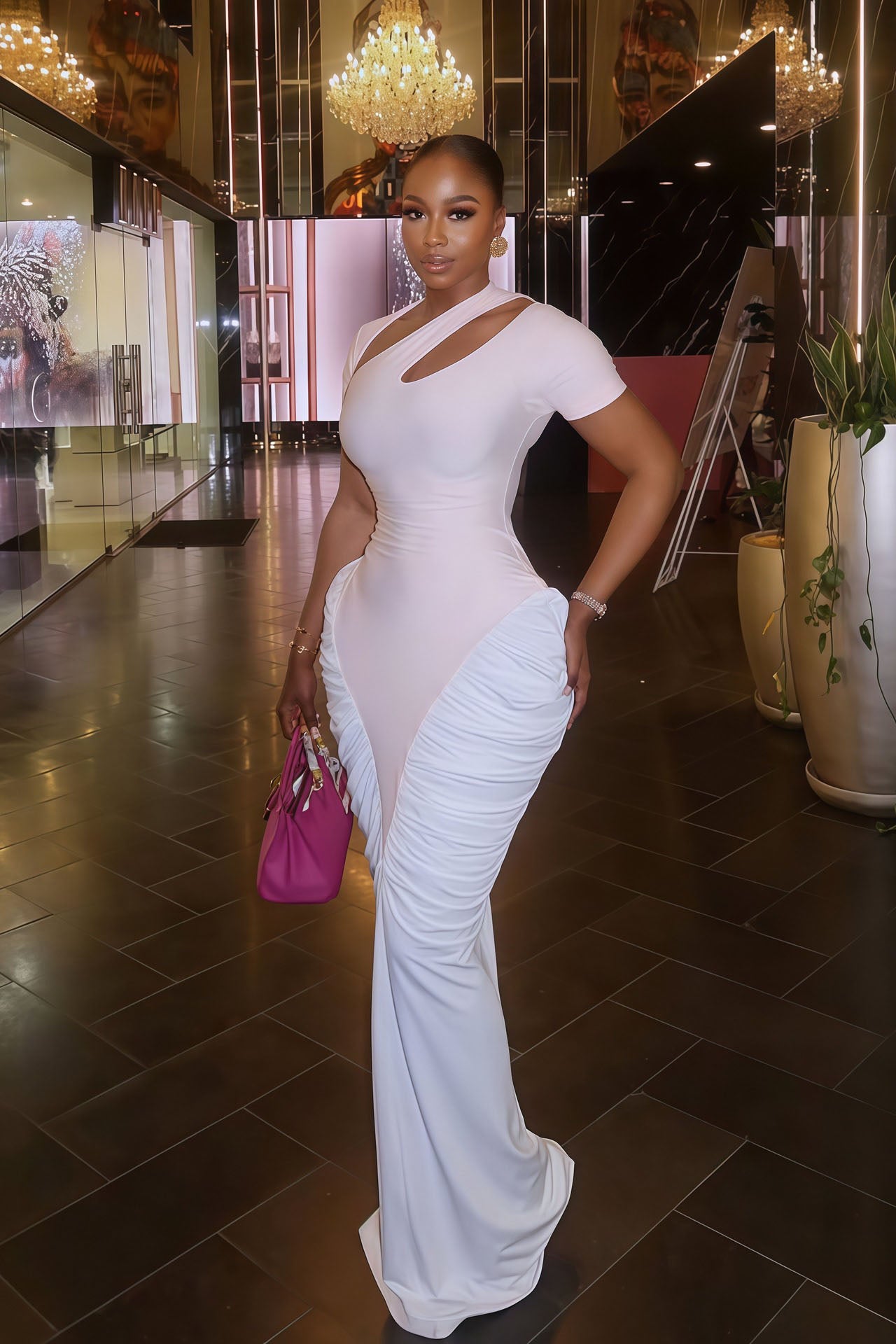 Λευκό Μακρύ Φόρεμα Bodycon με Σούρες και Ανοίγματα