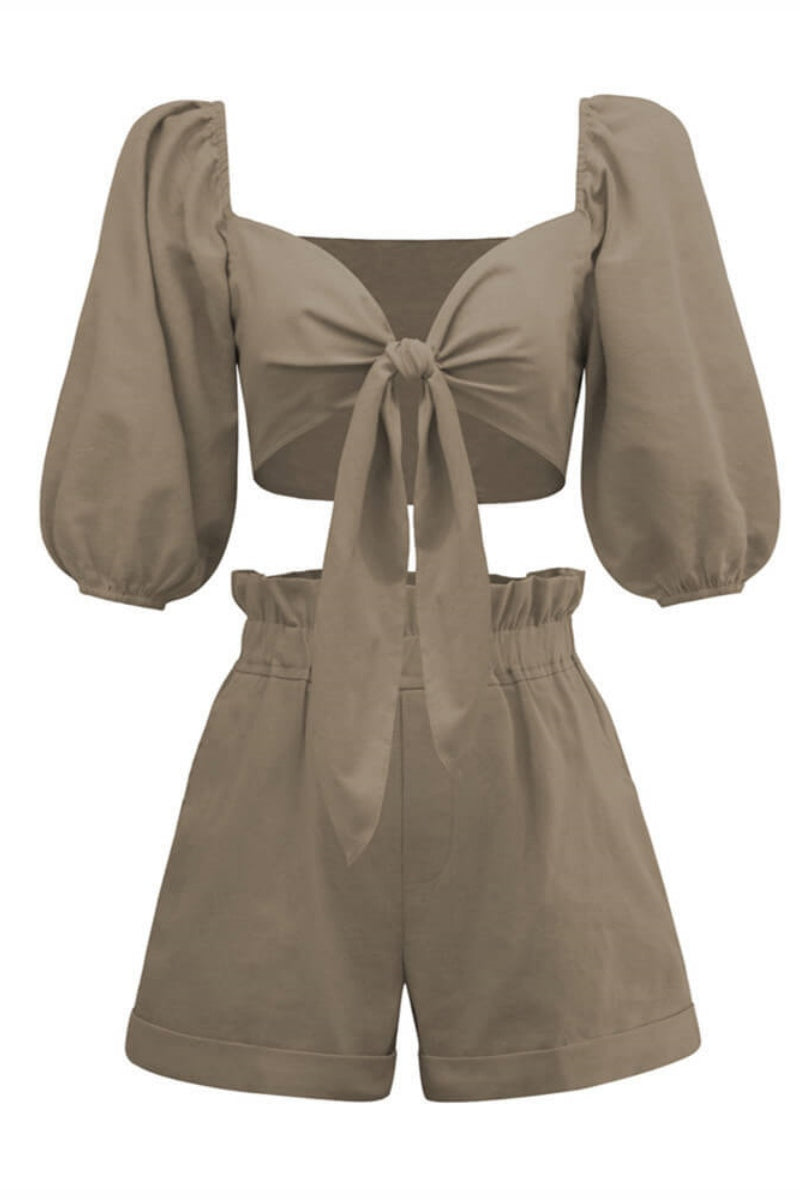 린넨 랩 프론트 타이 퍼프 슬리브 반바지 세트