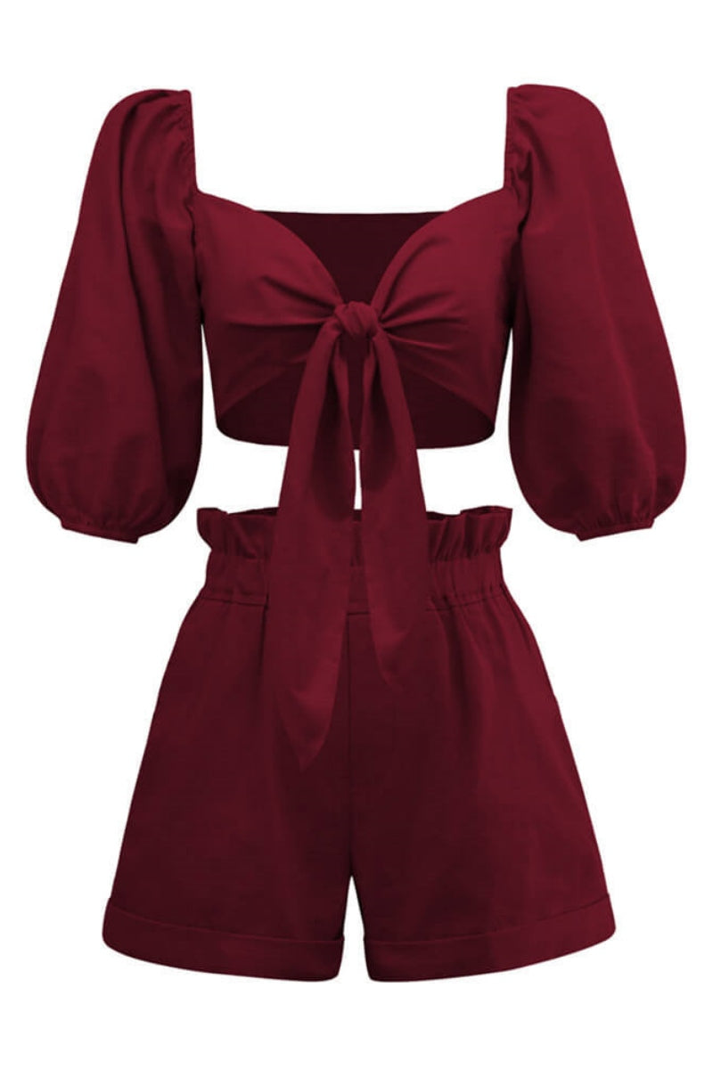 린넨 랩 프론트 타이 퍼프 슬리브 반바지 세트