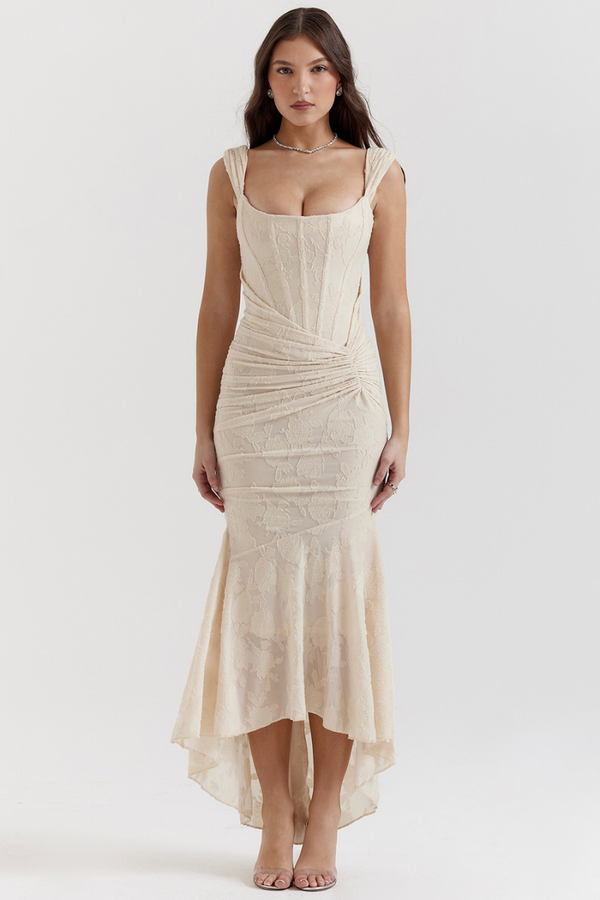 Octavie Ruched Corset Maxi Dress In Beige Octavie Ruched Corset Maxi Dress In Beige