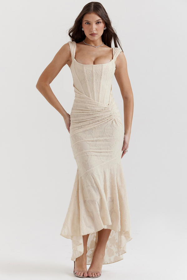 Vestido Maxi Corset Fruncido Octavie en Beige